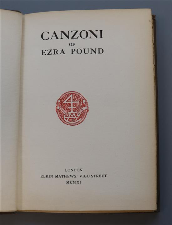 Pound, Ezra - Canzoni, 1st edition, original boards, with gilt titles, two thirds of spine detached but present,